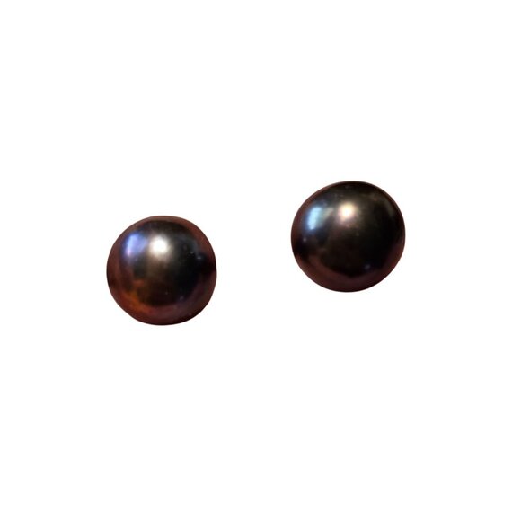 Freshwater Black Pearl Stud Earrings 9-10mm Round Genuine Cultured Pearls - Picture 1 of 2
